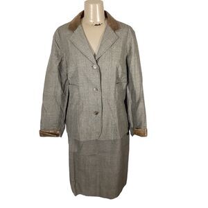 Harve Bernard Sport Women Sz 10 Wool Houndstooth Plaid Leather Trim Skirt Suit